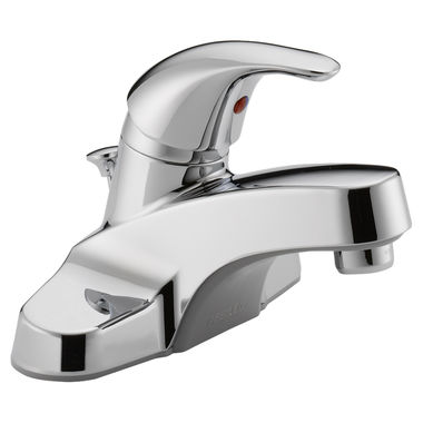 Click here to see Peerless P136LF Peerless Centerset Deck-Mount Bathroom Faucet with Plastic Pop-Up Drain, Single-Handle, 1.0 GPM, Lever Handle, ADA, WaterSense, Chrome - P136LF