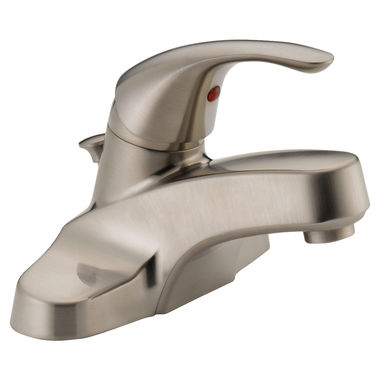 Click here to see Peerless P188620LF-BN Peerless Centerset Bathroom Faucet with Plastic Pop-Up Drain, Single-Handle, 1.0 GPM, Lever Handle, ADA, WaterSense, Brushed Nickel - P188620LF-BN