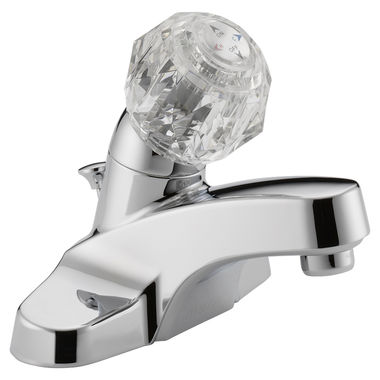 Click here to see Peerless P188621LF Peerless Centerset Bathroom Faucet with Plastic Pop-Up Drain, Single-Handle, 1.2 GPM, Clear Knob Handle, WaterSense, Chrome - P188621LF