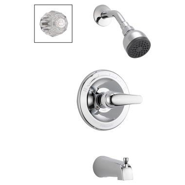 Click here to see Peerless P188720 Peerless Round Single-Handle Pressure Balance Tub and Shower Faucet with Diverting Tub Spout, 1.75 GPM Head, Knob and Lever Handle Options, Chrome - P188720