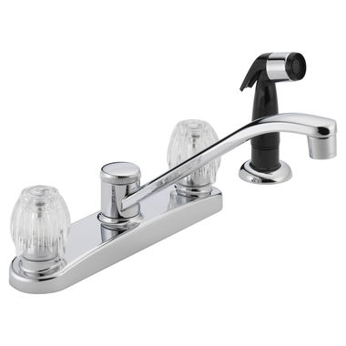 Click here to see Peerless P225LF Peerless Two Handle Kitchen Faucet w/ Black Side Spray, Crystal Knob Handles, Chrome - P225LF