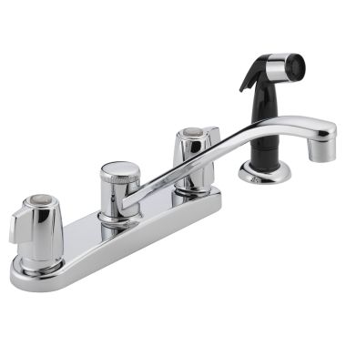 Click here to see Peerless P226LF Peerless Two Handle Kitchen Faucet w/ Black Side Spray, Mini Blade Handles, Chrome - P226LF