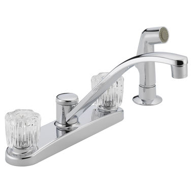 Click here to see Peerless P299501LF Peerless Two Handle Kitchen Faucet w/ Side Spray, Crystal Knob Handles, Chrome - P299501LF