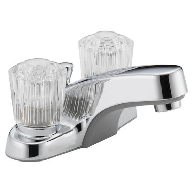 Click here to see Peerless P245LF Peerless Centerset Bathroom Faucet with Plastic Pop-Up Drain, Standard Spout, Two-Handle, 1.0 GPM, Clear Knob Handle, WaterSense, Chrome - P245LF