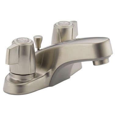 Click here to see Peerless P246LF-BN-M Peerless Centerset Bathroom Faucet with Metal Pop-Up Drain, Standard Spout, Two-Handle, 1.0 GPM, Mini Blade Handle, WaterSense, Brushed Nickel - P246LF-BN-M