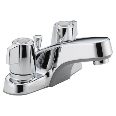 Click here to see Peerless P246LF Peerless Centerset Bathroom Faucet with Plastic Pop-Up Drain, Standard Spout, Two-Handle, 1.0 GPM, Mini Blade Handle, WaterSense, Chrome - P246LF