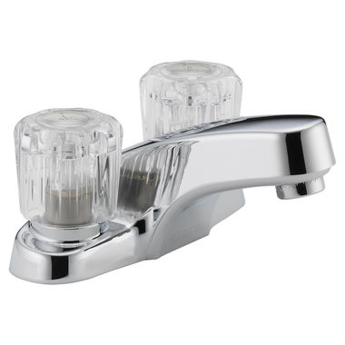 Click here to see Peerless P299601LF Peerless Centerset Bathroom Faucet, Standard Spout, Two-Handle, 1.2 GPM, Clear Knob Handle, WaterSense, Less Drain, Chrome - P299601LF