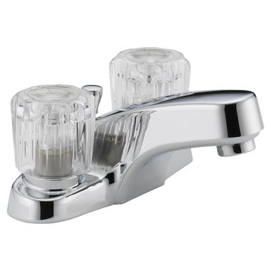 Click here to see Peerless P299621LF Peerless Centerset Bathroom Faucet with Plastic Pop-Up Drain, Standard Spout, Two-Handle, 1.2 GPM, Clear Knob Handle, WaterSense, Chrome - P299621LF