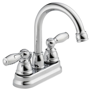 Click here to see Peerless P299685LF Peerless Claymore High-Arc Centerset Bathroom Faucet with Pop-Up Drain, Two-Handle, 1.2 GPM, Lever Handle, Chrome - P299685LF