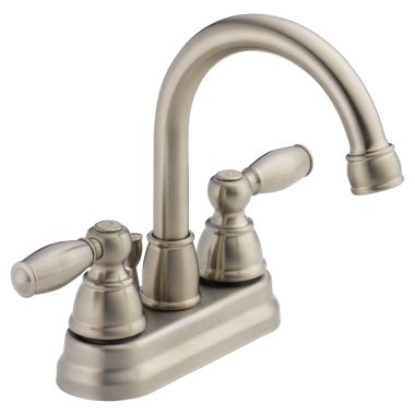 Click here to see Peerless P299685LF-BN Peerless Claymore High-Arc Centerset Bathroom Faucet with Pop-Up Drain, Two-Handle, 1.2 GPM, Lever Handle, Brushed Nickel - P299685LF-BN