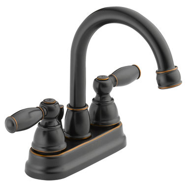 Click here to see Peerless P299685LF-OB Peerless Claymore High-Arc Centerset Bathroom Faucet with Pop-Up Drain, Two-Handle, 1.2 GPM, Lever Handle, Oil-Rubbed Bronze - P299685LF-OB