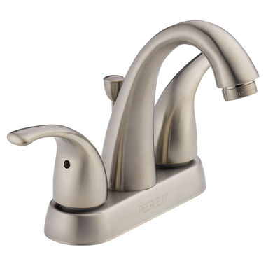 Click here to see Peerless P299695LF-BN Peerless Tunbridge High-Arc Centerset Bathroom Faucet with Pop-Up Drain, Two-Handle, 1.2 GPM, Lever Handle, ADA, WaterSense, Brushed Nickel - P299695LF-BN