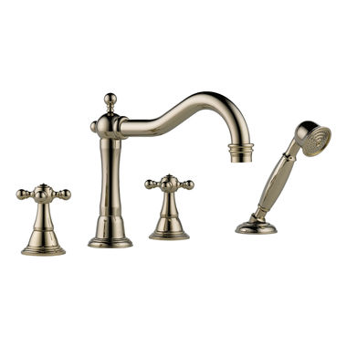Click here to see Brizo T67438-PN Brizo Tresa Two-Handle Roman Tub Faucet Trim with Hand Shower, 1.75 GPM, Hook Spout, 4-Hole, Cross Handles, Brilliance Polished Nickel - T67438-PN