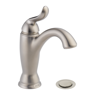 Click here to see Delta 594-SSMPU-DST Delta Linden Stainless Lavatory Faucet with Escutcheon, Metal Pop-Up, 1.2 GPM, Single-Handle, DIAMOND Seal, Wave Lever Handles - 594-SSMPU-DST