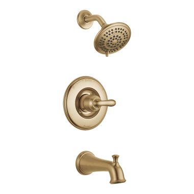 Click here to see Delta T14494-CZ Delta Linden Monitor 14 Series Single-Handle Tub/Shower Faucet with 5-Setting Rain Showerhead, 1.75 GPM, Lever Handle, ADA, Champagne Bronze - T14494-CZ