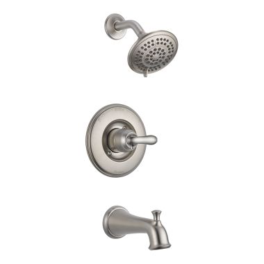 Click here to see Delta T14494-SS Delta Linden Monitor 14 Series Single-Handle Tub/Shower Faucet with 5-Setting Rain Showerhead, 1.75 GPM, Lever Handle, ADA, Stainless - T14494-SS