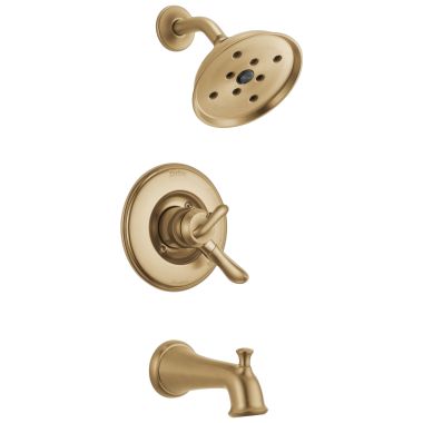 Click here to see Delta T17494-CZ Delta Linden Monitor 17 Series Two-Handle H2Okinetic Tub/Shower Faucet with Volume Control, 1.75 GPM, Lever Handles, Champagne Bronze - T17494-CZ