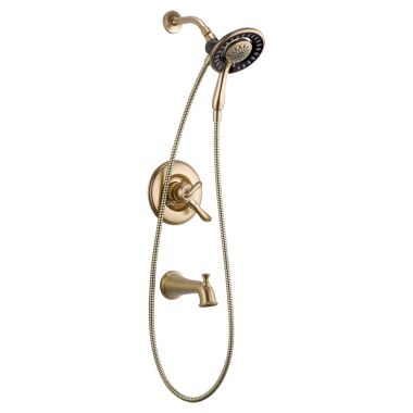 Click here to see Delta T17494-CZ-I Delta Linden Monitor 17 Series Two-In-One In2ition Tub/Shower Faucet with Volume Control, Two-Handle, 1.75 GPM, Lever Handles, Champagne Bronze - T17494-CZ-I