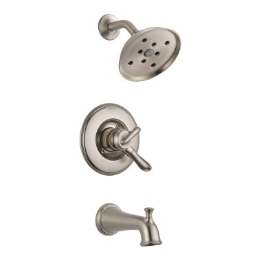 Click here to see Delta T17494-SS Delta Linden Monitor 17 Series Two-Handle H2Okinetic Tub/Shower Faucet with Volume Control, 1.75 GPM, Lever Handles, Stainless - T17494-SS
