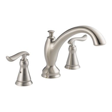 Click here to see Delta T2794-SS Delta Linden Two-Handle Roman Tub Faucet Trim, C-Spout, Lever Handles, ADA-Compliant, Stainless - T2794-SS