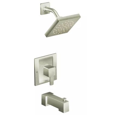 Click here to see Moen TS2713BN Moen 90 Degree Posi-Temp Tub/Shower Faucet with 2.5 GPM Rainshower, 1-Function, Single Lever Handle, M-PACT, Immersion, Brushed Nickel - TS2713BN