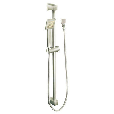Click here to see Moen S3879EPBN Moen 90 Degree 3in Single-Function Hand Shower with 30in Slide Bar, Square, Eco-Performance, 1.75 GPM, WaterSense, Brushed Nickel - S3879EPBN