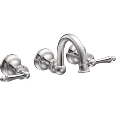 Click here to see Moen TS416 Moen Waterhill Two-Handle Wall-Mount Widespread Chrome Bathroom Faucet, ADA, WaterSense, 1.2 GPM, 60 PSI, Lever Handles, Three-Holes - TS416