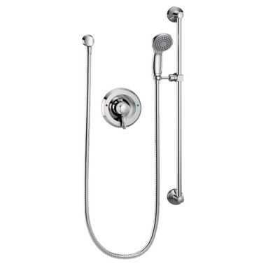 Click here to see Moen 8346EP15 Moen Commercial Single-Function Slide Bar Hand Shower with Single-Handle Pressure Balancing Valve, Eco-Performance, 1.5 GPM, Chrome - 8346EP15