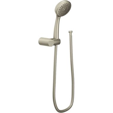 Click here to see Moen 3865EPBN Moen 4in Single-Function Hand Shower with Bracket and 59in Hose, Round, LifeShine Finish, Eco-Performance, 2.0 GPM, WaterSense, Brushed Nickel - 3865EPBN