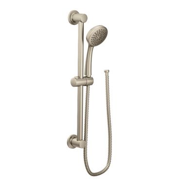 Click here to see Moen 3868EPBN Moen 4in Single-Function Handheld Shower with 24in Slide Bar, Round, Eco-Performance, 1.75 GPM, WaterSense, 59in Hose, Brushed Nickel - 3868EPBN