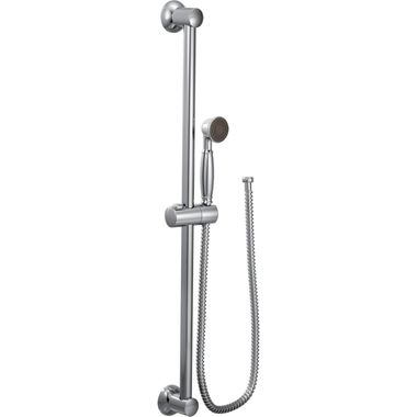 Click here to see Moen 3869EP Moen 2in Single-Function Hand Shower with 30in Slide Bar, Round, Eco-Performance, 1.75 GPM, WaterSense, 69in Spiral Hose, Chrome - 3869EP