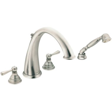 Click here to see Moen T922AN Moen Kingsley Two-Handle Roman Tub Faucet Trim with Diverter and 1.75 GPM One-Function Hand Shower, High Arc Spout, Lever Handles, Antique Nickel - T922AN
