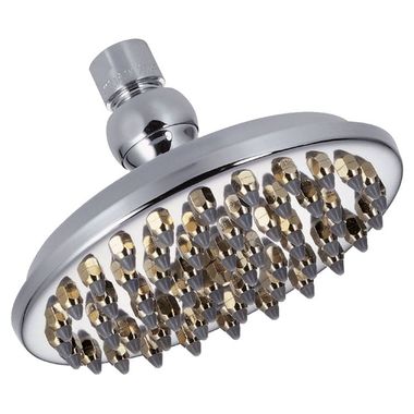 Click here to see Danze D451279CPBV Danze Sunflower 6in Round Shower Head with 60 Jets, 2.5 GPM, Chrome with Polished Brass Accents - D451279CPBV