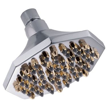Click here to see Danze D461289CPBV Danze 6in Octagon Single-Function Metal Shower Head with 52 Jets, 2.5 GPM, Chrome with Polished Brass Accents - D461289CPBV