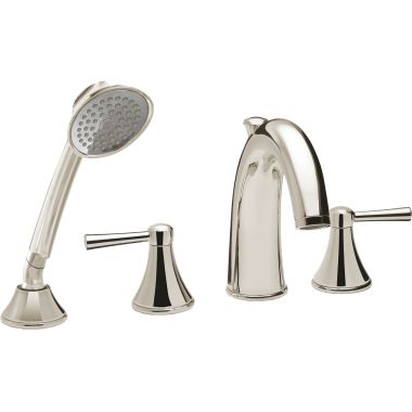 Click here to see Toto TB210S#BN TOTO Silas Two-Handle Roman Tub Faucet Trim with 2.5 GPM Hand Shower, 4-Hole, Lever Handles, ADA, Brushed Nickel - TB210S#BN