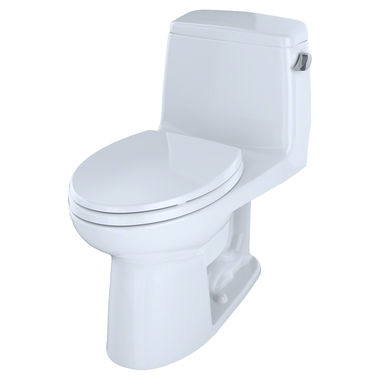 Click here to see Toto MS854114SLR#01 TOTO Ultramax One-Piece Elongated Bowl Toilet with SoftClose Seat, G-Max, ADA, 1.6 GPF, RH, Cotton White - MS854114SLR#01