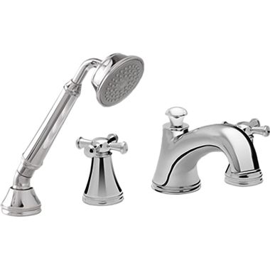 Click here to see Toto TB220S#BN TOTO Vivian Two-Handle Deck-Mount Roman Tub Faucet Trim with 2.5 GPM Hand Shower, 4-Hole, Cross Handles, Brushed Nickel - TB220S#BN
