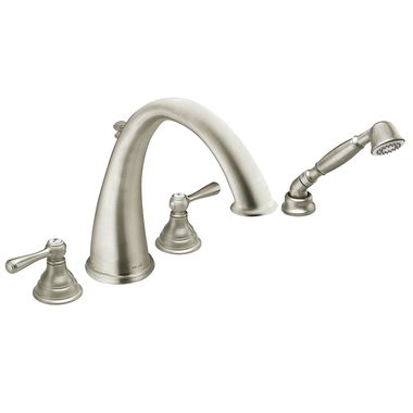Click here to see Moen T922BN Moen T922BN Kingsley Two-Handle High Arc Roman Tub Faucet w/ Hand Shower - Brushed Nickel