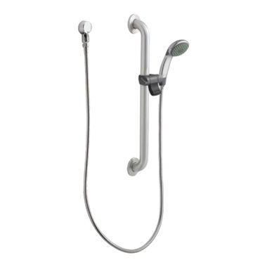 Click here to see Moen 52224GBM15 Moen Commercial 3-1/4in Single-Function Hand Shower with 24in Slide Bar/Grab Bar, Round, 1.5 GPM, WaterSense, ADA, Chrome/Stainless - 52224GBM15
