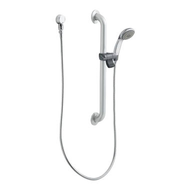 Click here to see Moen 52224GBM25 Moen Commercial 3-1/4in Single-Function Hand Shower with 24in Slide Bar/Grab Bar, Round, 2.5 GPM, ADA, Chrome/Stainless - 52224GBM25