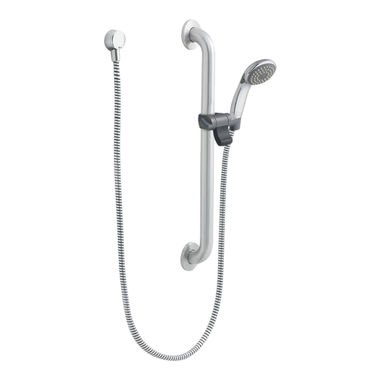 Click here to see Moen 52224GBP25 Moen Commercial 3-1/4in Single-Function Hand Shower with 24in Slide Bar/Grab Bar, Round, 2.5 GPM, ADA, Chrome/Stainless - 52224GBP25