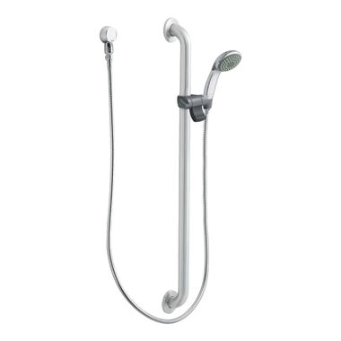 Click here to see Moen 52236GBM25 Moen Commercial 3-1/4in Single-Function Hand Shower with 36in Slide Bar/Grab Bar, Round, 2.5 GPM, ADA, Chrome/Stainless - 52236GBM25