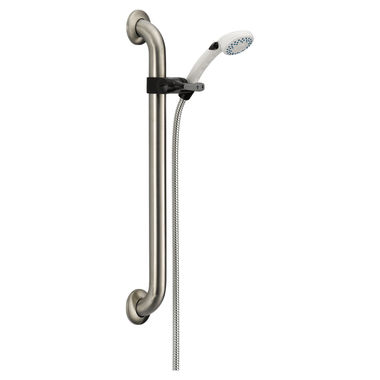 Click here to see Delta 52001-DS Delta 2-Setting 2.50 GPM Handshower with 24in Adjustable Grab Bar and 60-82in Stretchable Hose, ADA Certified Grab Bar and Slide Mechanism, White - 52001-DS