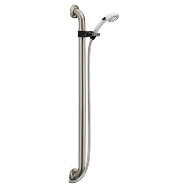Click here to see Delta 52003-DS Delta 2-Setting 2.50 GPM Handshower with 36in Adjustable Grab Bar and 60-82in Stretchable Hose, ADA Certified Grab Bar and Slide Mechanism, Chrome - 52003-DS