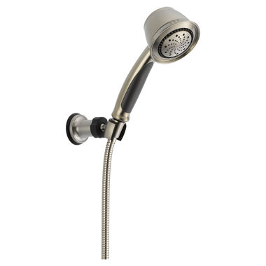 Click here to see Delta 59515-SS Delta Universal Showering Premium Five-Setting Adjustable Wall-Mount Hand Shower with Stretchable Metal Hose, 2.5 GPM, Touch-Clean, Brilliance Stainless - 59515-SS