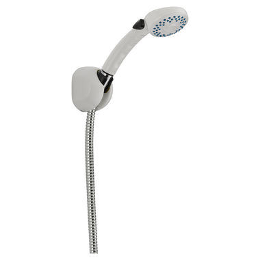 Click here to see Delta 59410-WHB-PK Delta Universal Showering Fundamentals 2-Spray Setting Fixed Wall Mount Hand Shower with Dual Check Valves, 2.5 GPM, White - 59410-WHB-PK