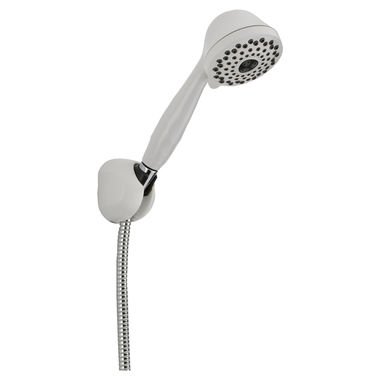 Click here to see Delta 59710-WH-PK Delta Universal Showering Premium Seven-Setting Fixed Wall-Mount Hand Shower with 60in UltraFlex Hose, 2.5 GPM, Touch-Clean, Round, White - 59710-WH-PK
