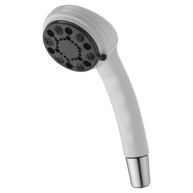Click here to see Delta 59465-WH-PK Delta Fundamentals 2in Four-Setting Hand Shower with Double Check Valves, WaterSense, Round, 2.5 GPM, White - 59465-WH-PK