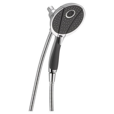 Click here to see Delta 58467 Delta Universal Showering In2ition 4-Setting Round Two-in-One Shower with 60in - 82in Stainless Steel Stretchable Hose, 2.5 GPM, Wall-Mount, Chrome - 58467
