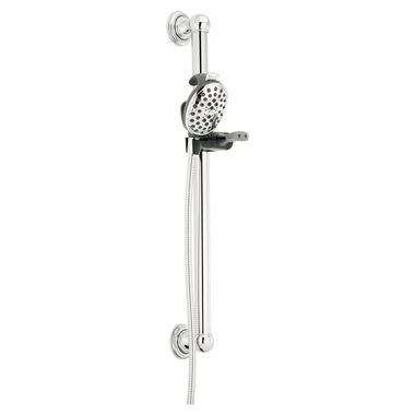 Click here to see Delta 53001-DS Delta Palm 4-Setting Hand Shower with Slide Bar, ADA Compliant, 60in-82in Stretchable Metal Hose, Chrome - 53001-DS